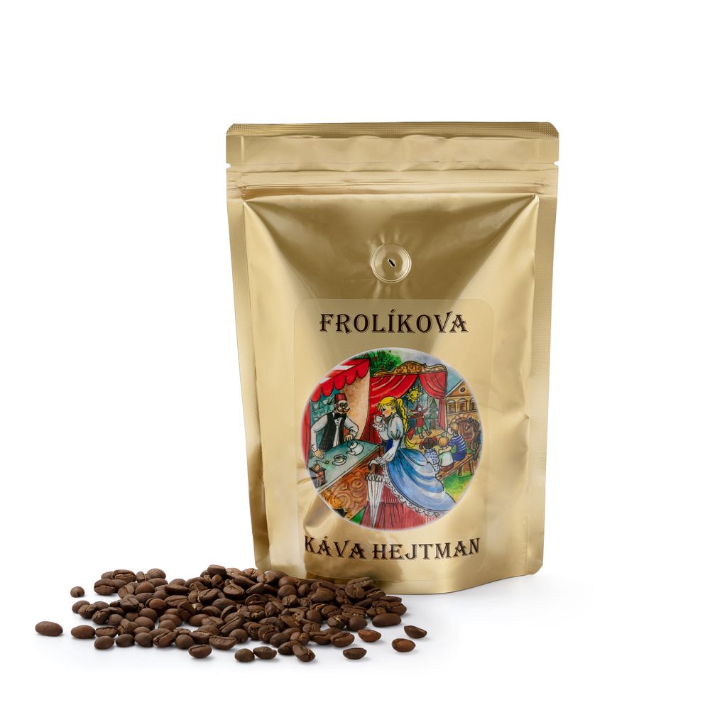 Frolíks Kaffee Hejtman 250 g verwendet wie alle unsere Kaffees erstklassige Rohstoffe. Die Exklusivität dieser Mischung ist auf das Verhältnis von Robusta zu Arabica zurückzuführen, wobei der Arabica-Anteil größer ist als der Kaffee aus Borohrádek, w Jan Frolík - Pražírna kávy