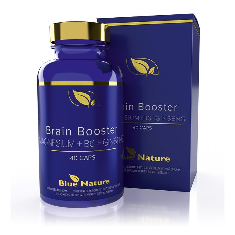 Brain Booster MAGNESIUM + B6 + GINSENG Nahrungsergänzungsmittel, 40 Kapseln. Blue Nature